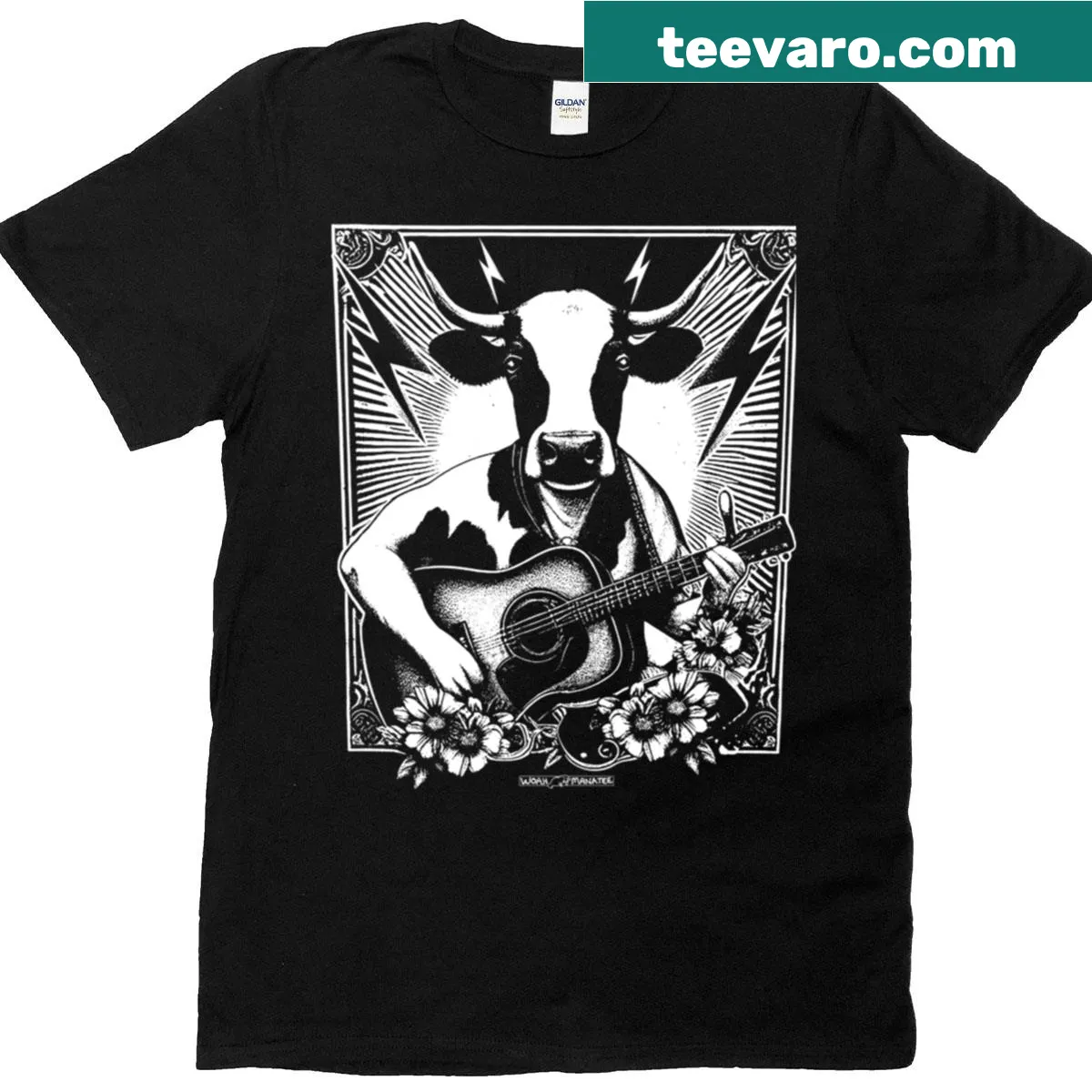Illustrative design of a cow playing an acoustic guitar — on a men's t-shirt