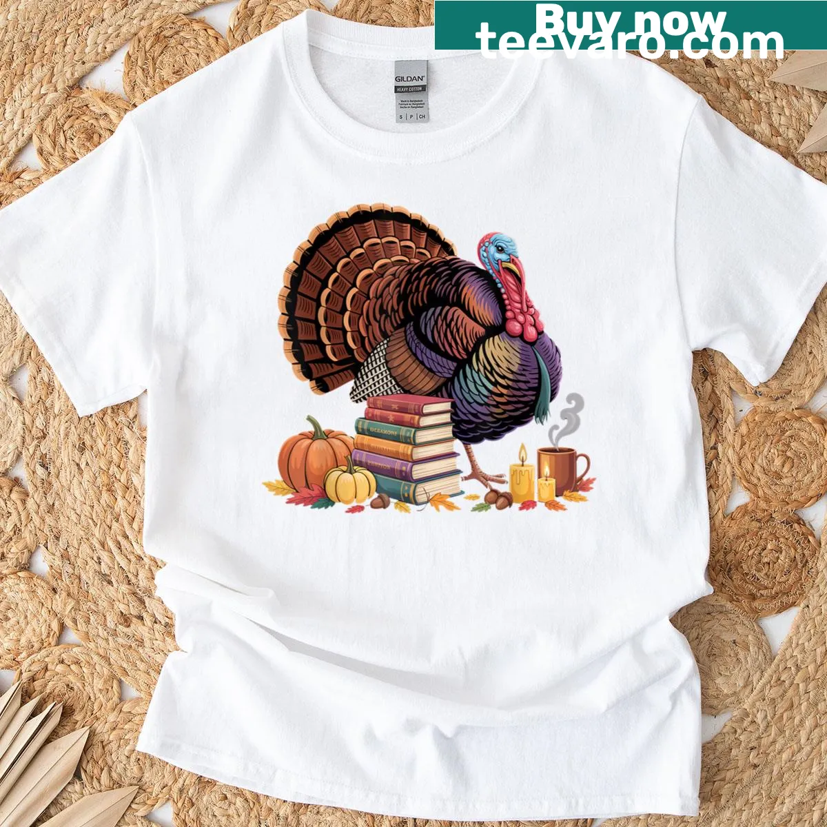 Cute turkey reading books illustration for Thanksgiving t-shirt — on a men's t-shirt