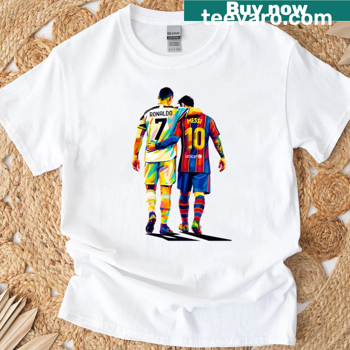 Pop-art style t-shirt featuring Cristiano Ronaldo and Messi — on a men's t-shirt