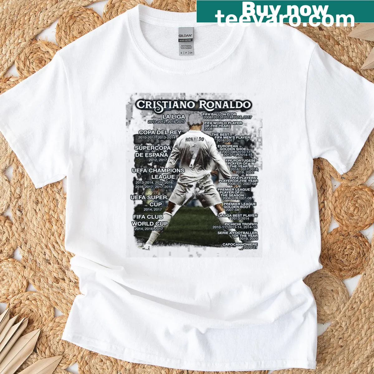 T-shirt featuring Cristiano Ronaldo stats and achievements — on a men's t-shirt