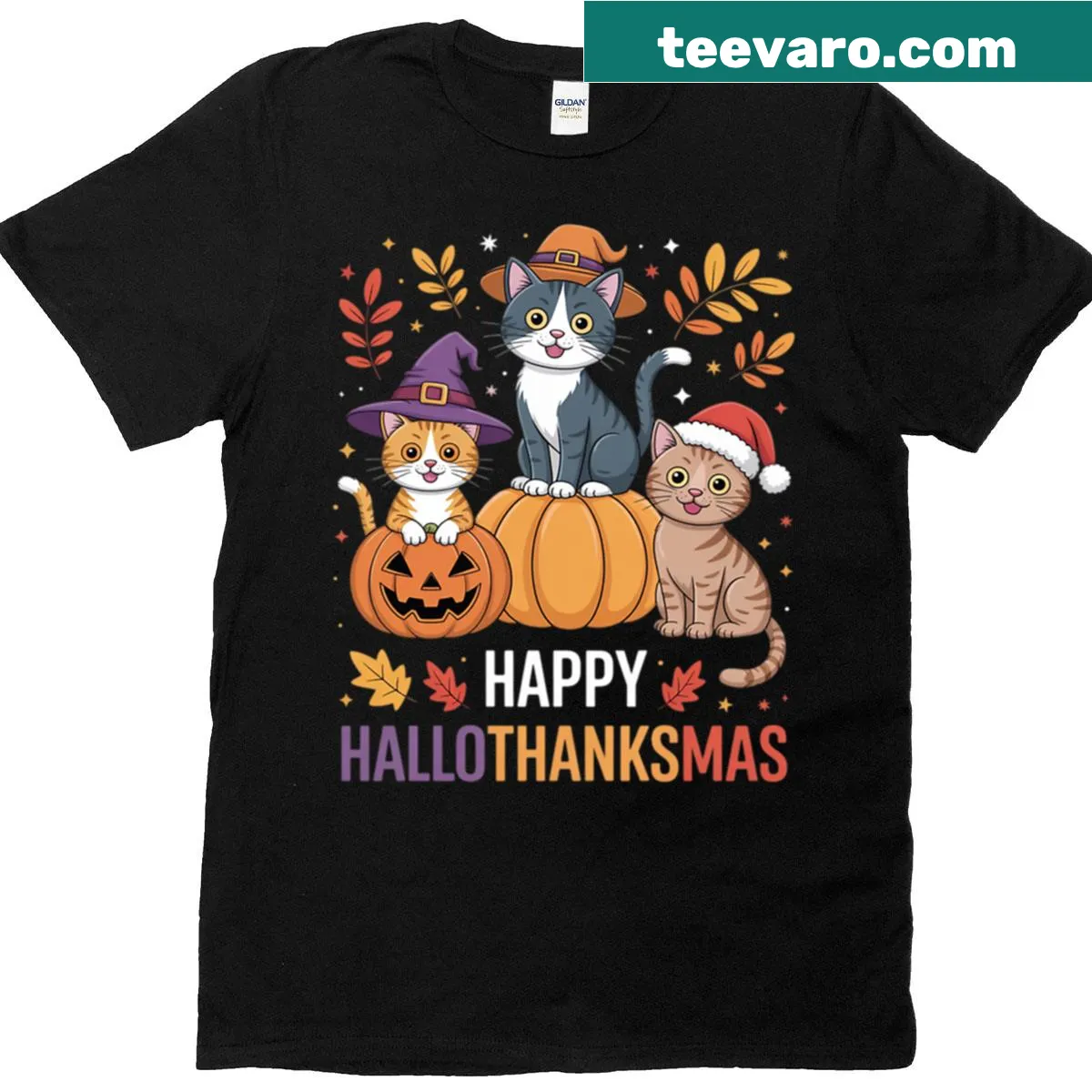 Cute cat graphic celebrating Halloween and Christmas on a t-shirt — on a men's t-shirt