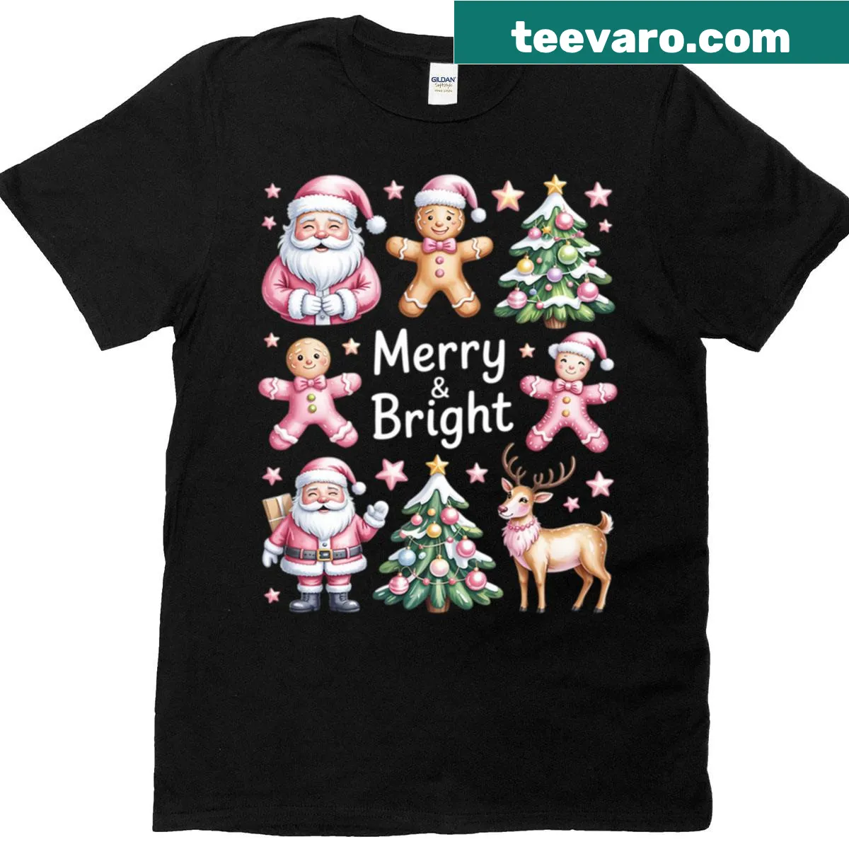 Cute Christmas tree with bow, Santa, and gingerbread graphic — on a men's t-shirt