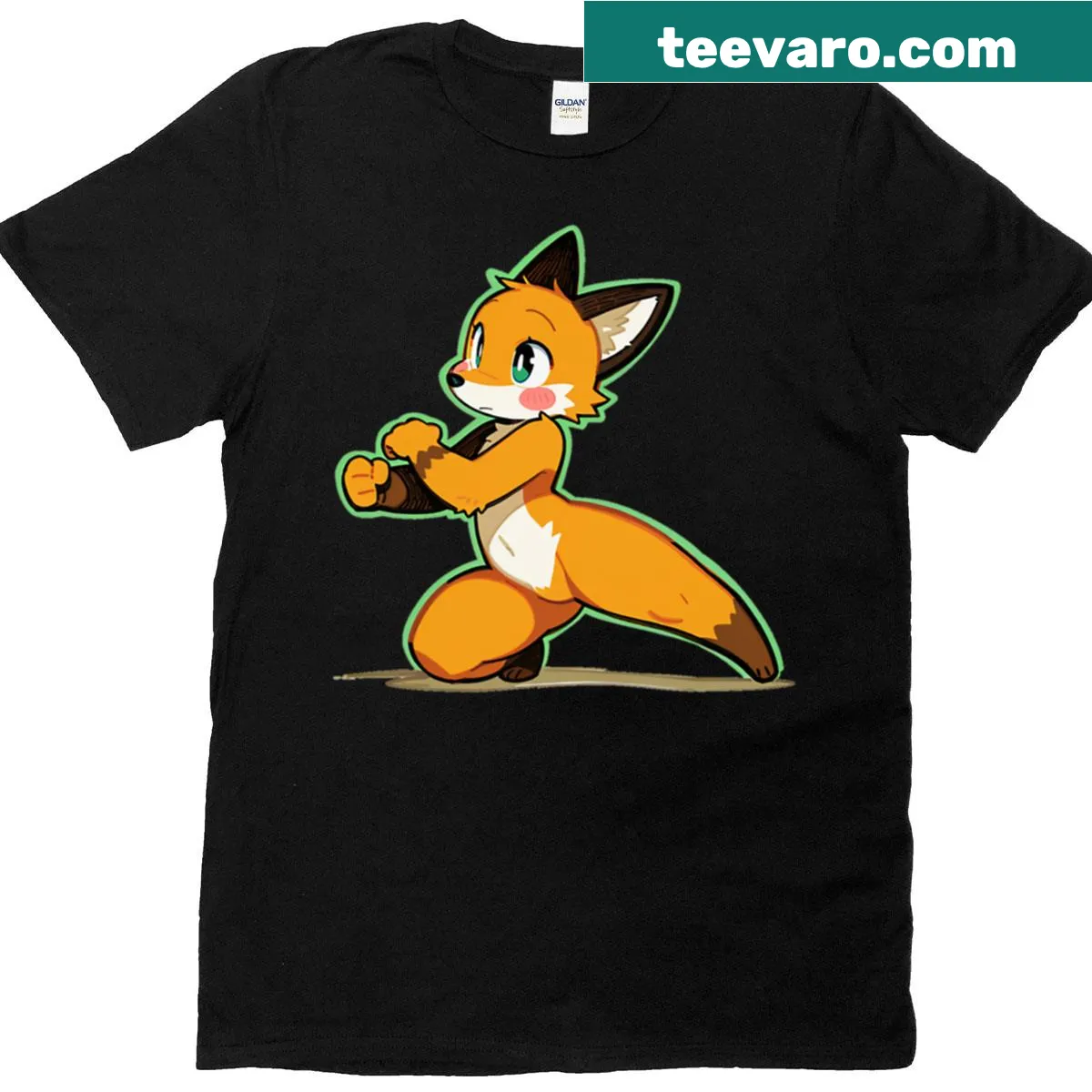 Cartoon T-shirt depicting a cute fighting spirit fox — on a men's t-shirt