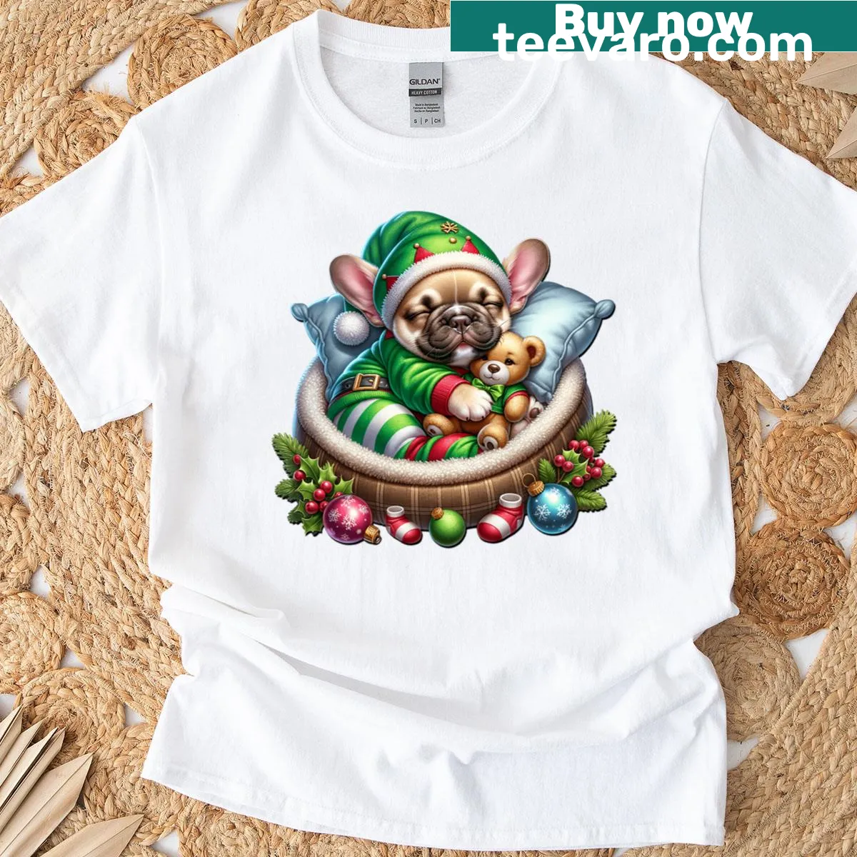 Adorable French Bulldog in Santa costume for Christmas T-shirt — on a men's t-shirt