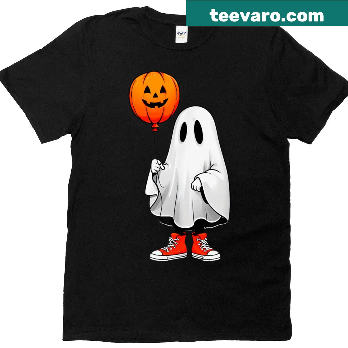 Cute ghost graphic with pumpkin balloon on a kids t-shirt — on a men's t-shirt