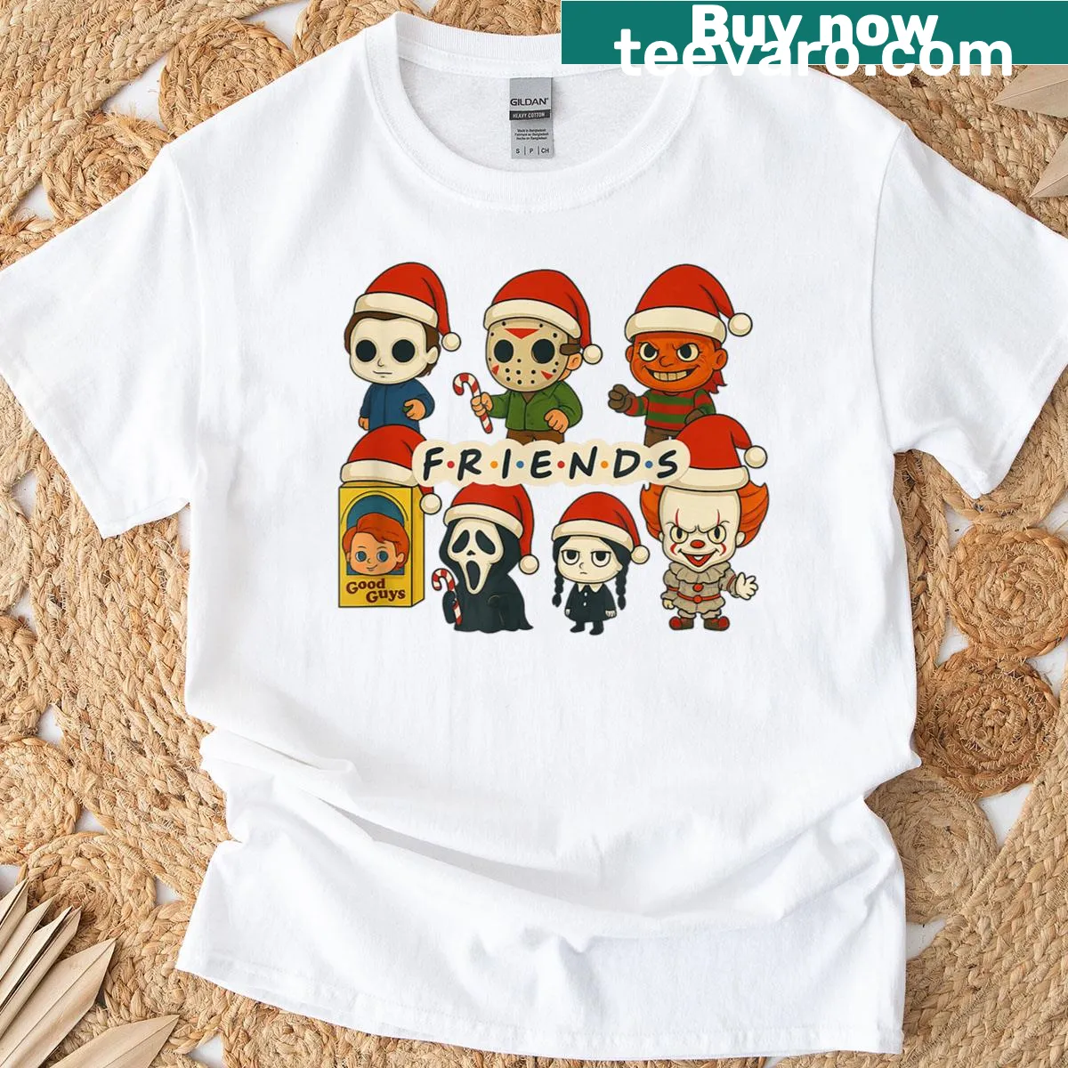 Cute T-shirt featuring spooky Christmas friends design — on a men's t-shirt