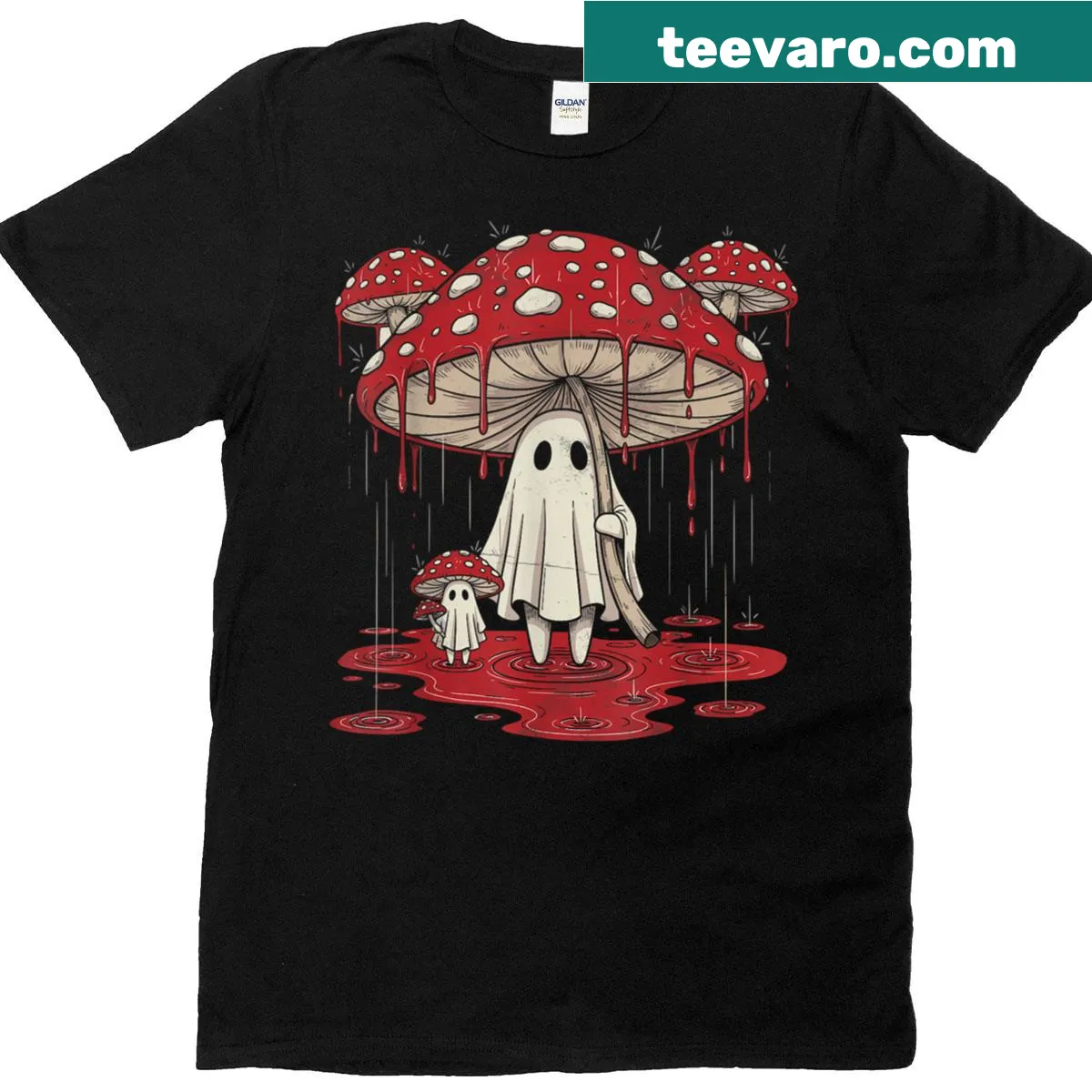 Whimsical T-shirt featuring a ghost and mushrooms in cottagecore style — on a men's t-shirt