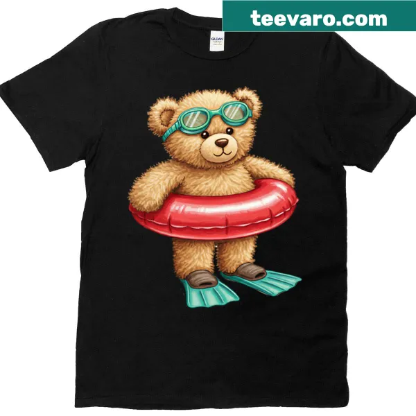 Cartoon T-shirt featuring a cute swimming bear in beach setting
