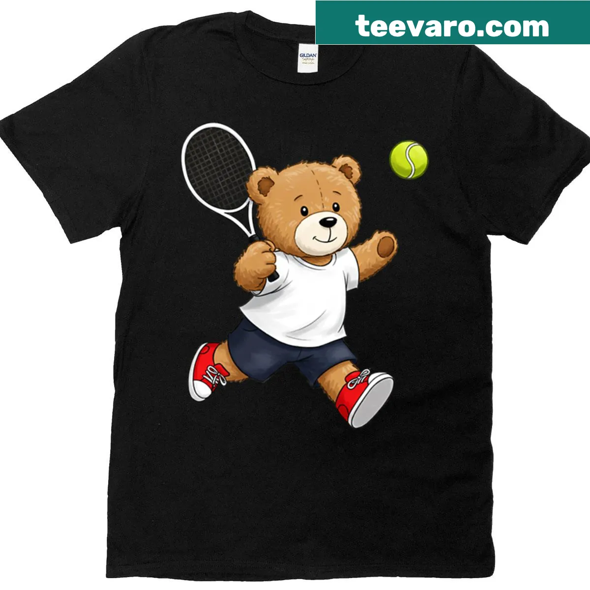 Cartoon teddy bear tennis player graphic on a t-shirt — on a men's t-shirt