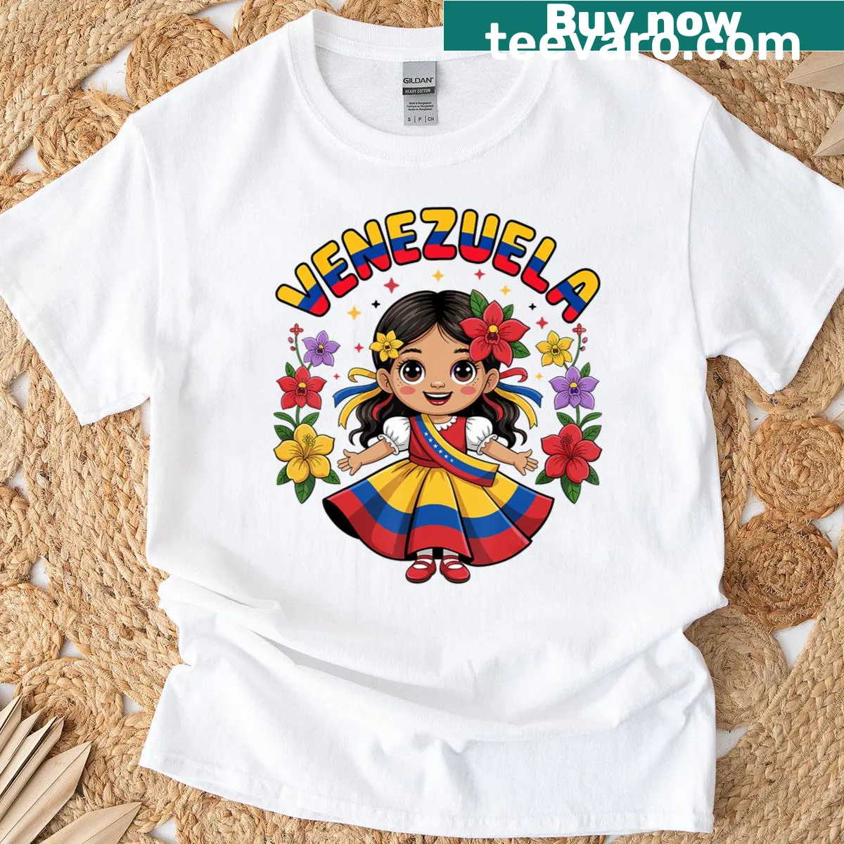 Illustration of a Venezuelan girl in traditional dress — on a men's t-shirt