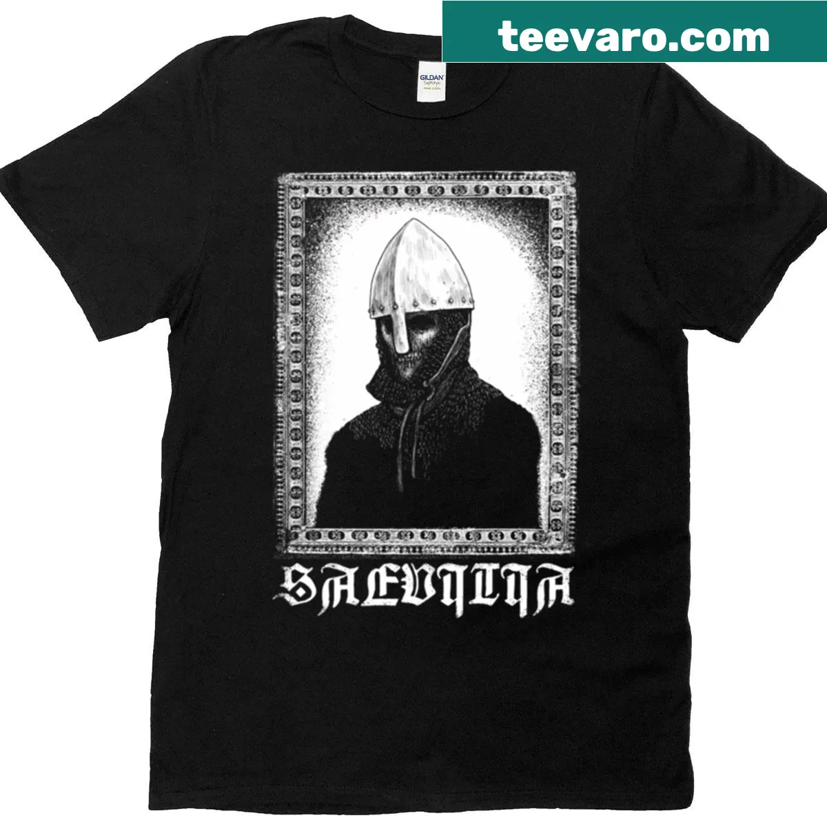 Illustrated T-shirt featuring a dead knight in a fantasy theme — on a men's t-shirt