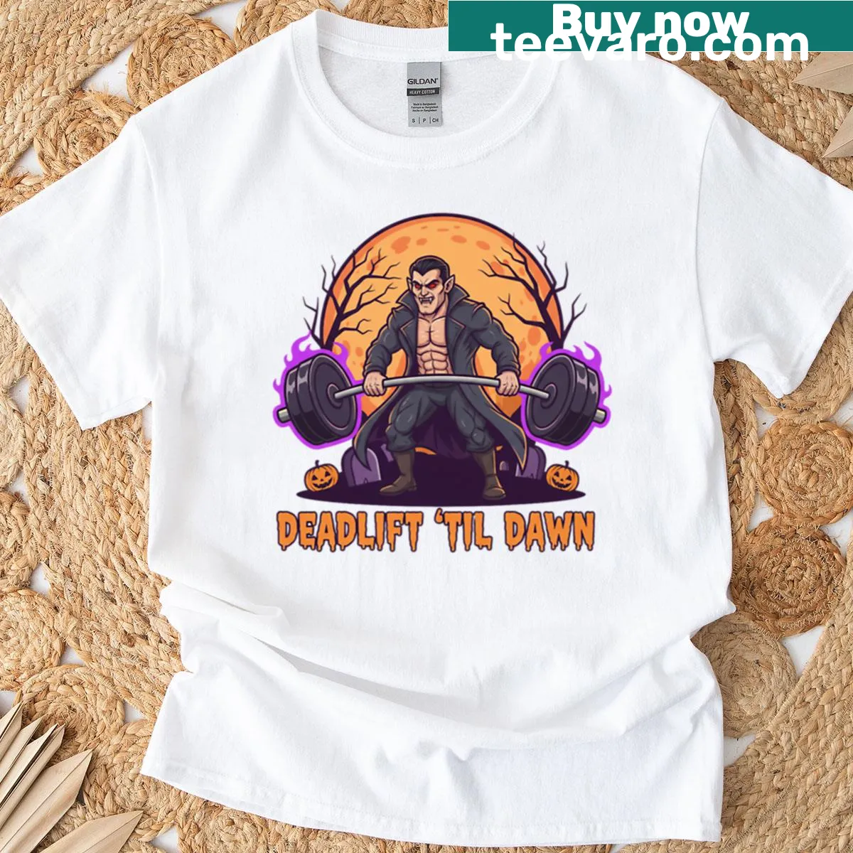 Vampire lifting weights graphic T-shirt for Halloween — on a men's t-shirt