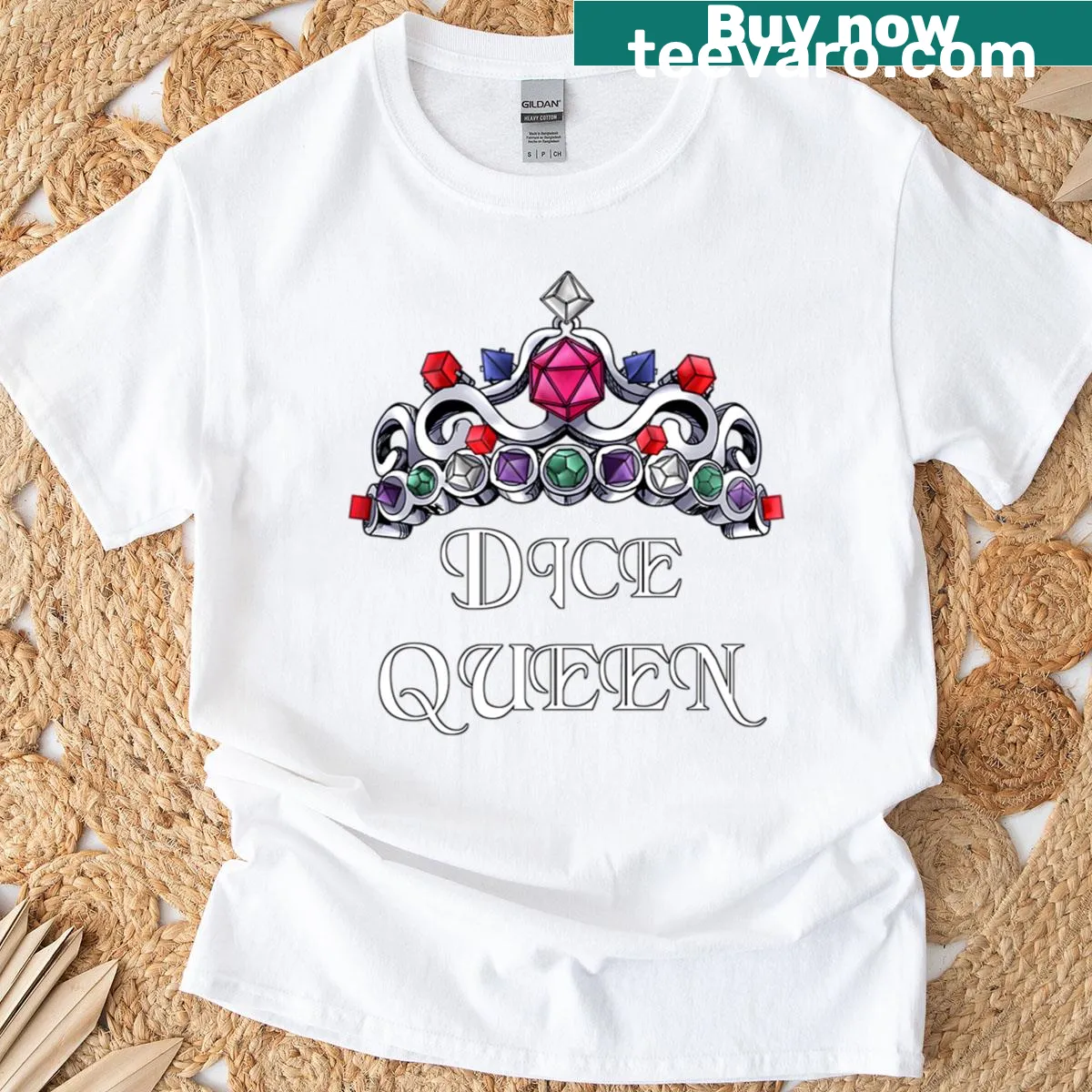 Whimsical t-shirt featuring a queen and dice graphic — on a men's t-shirt