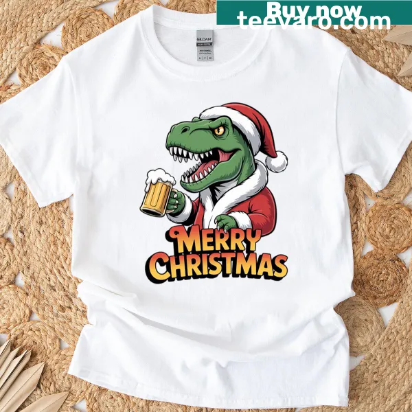 Christmas t-shirt with T-rex in a Santa hat and Christmas trees