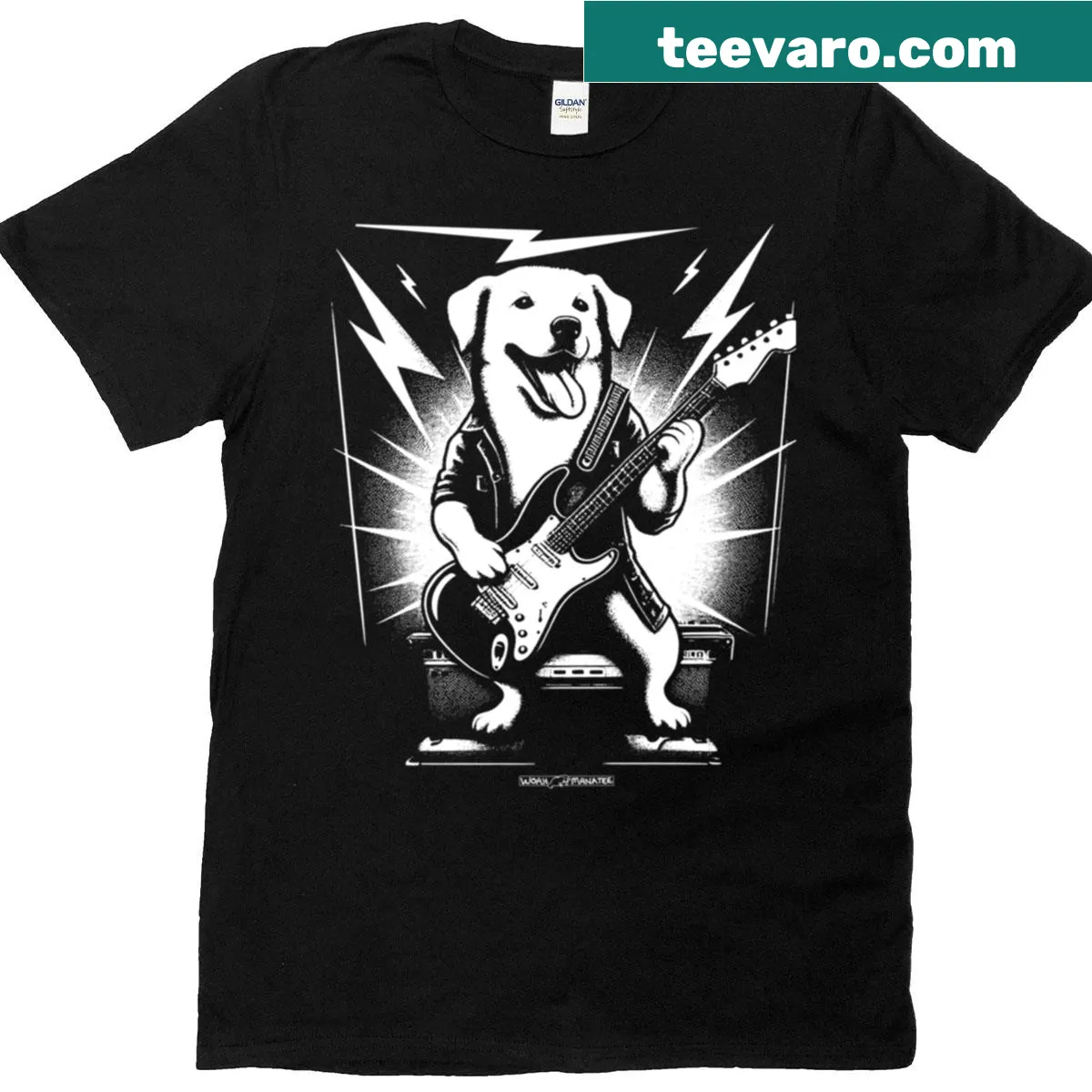 Playful t-shirt featuring a dog playing an electric guitar — on a men's t-shirt