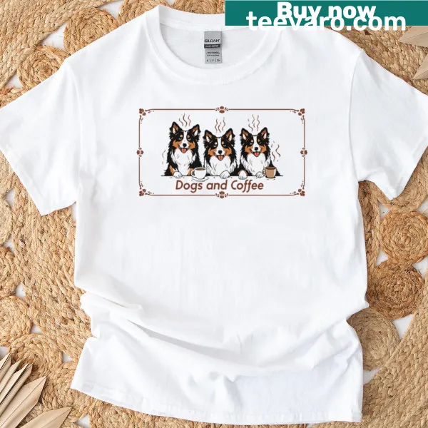Whimsical T-shirt featuring dogs and coffee illustrations