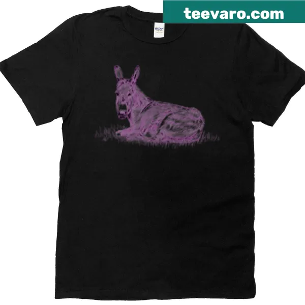 Illustrated t-shirt featuring a colorful drawing of a lying donkey
