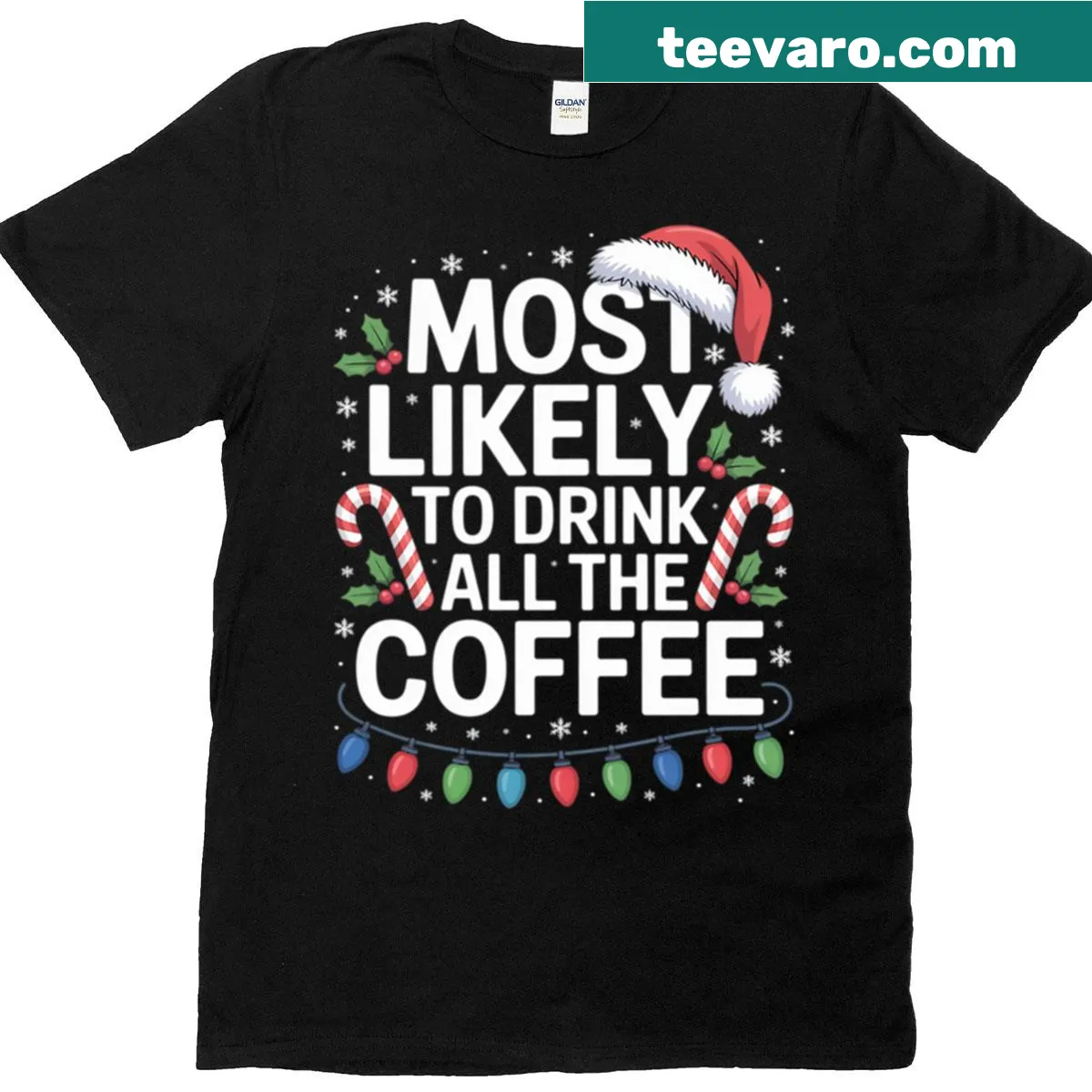 Cute Christmas t-shirt with a funny coffee saying and playful graphics — on a men's t-shirt