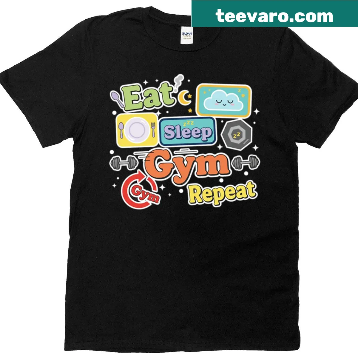 Funny gym T-shirt with eat sleep gym repeat phrase — on a men's t-shirt