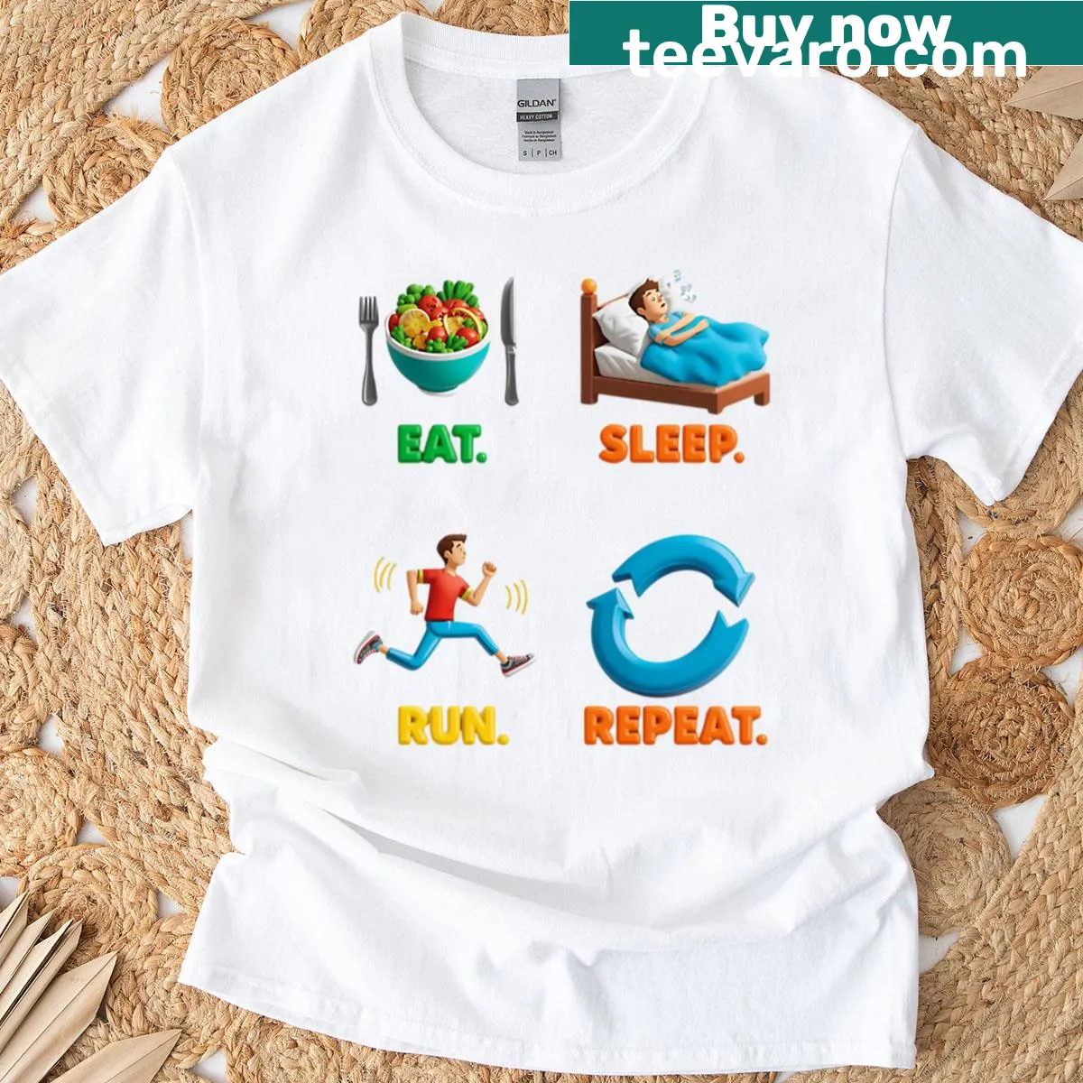 Funny running T-shirt with the phrase 'Eat Sleep Run Repeat' — on a men's t-shirt