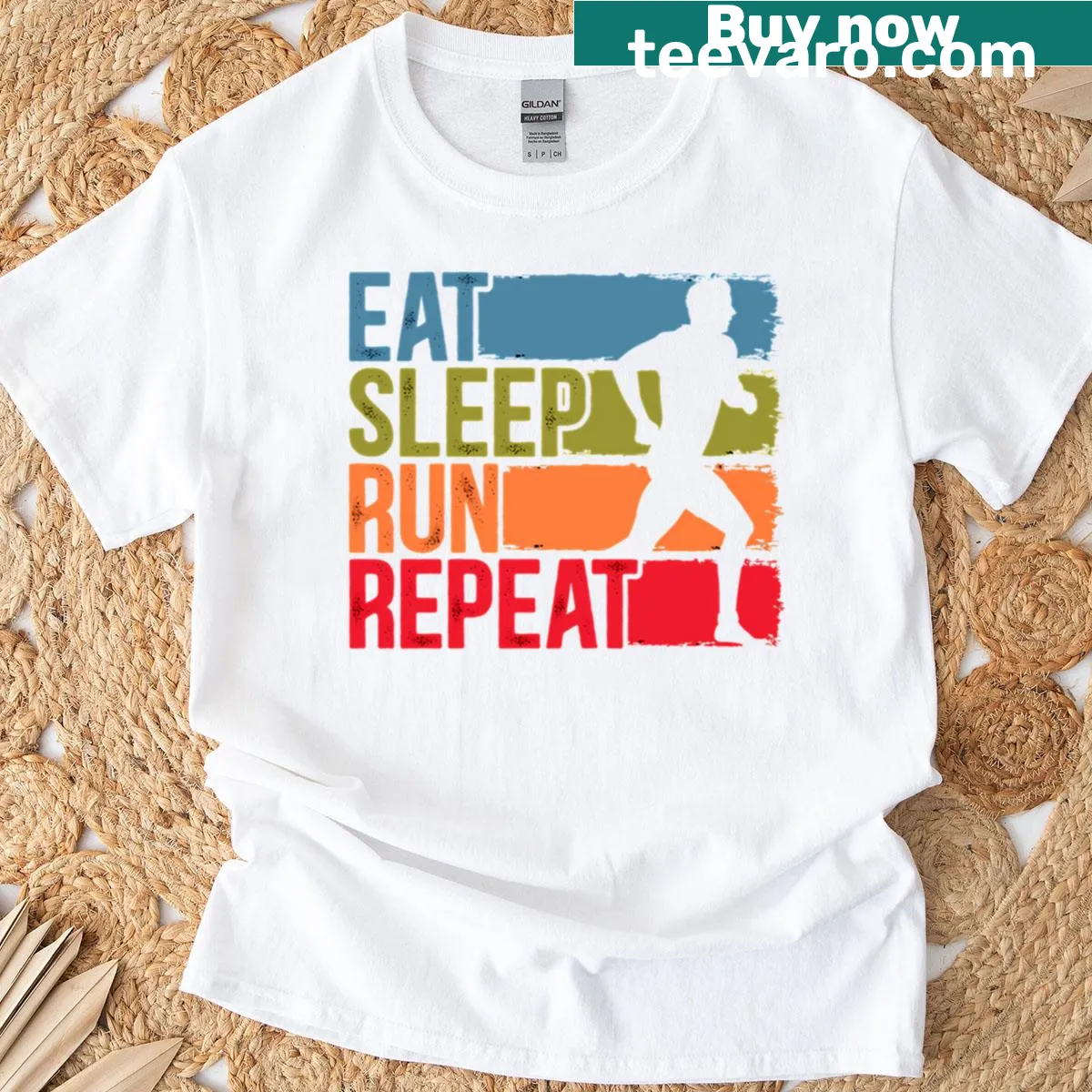 Funny sports T-shirt with the phrase eat sleep run repeat — on a men's t-shirt