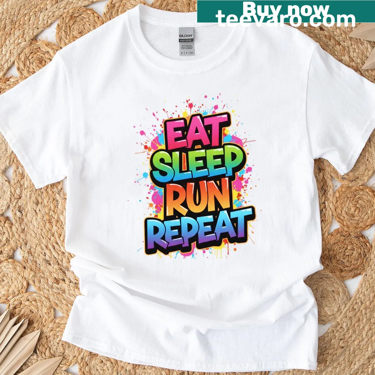Graffiti-style text 'Eat Sleep Run Repeat' on a t-shirt — on a men's t-shirt