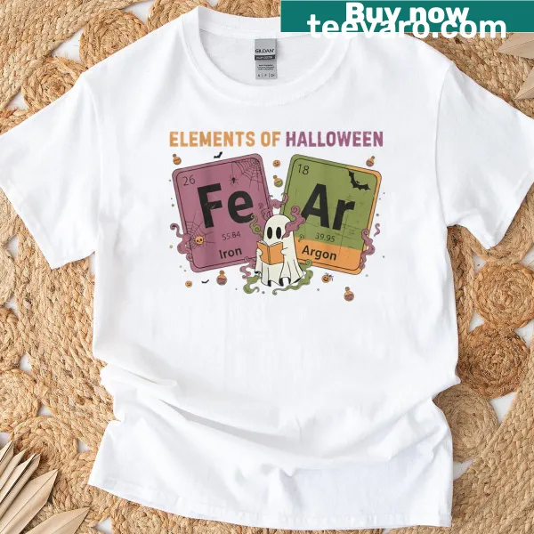 Halloween-themed T-shirt combining chemistry elements and festive graphics