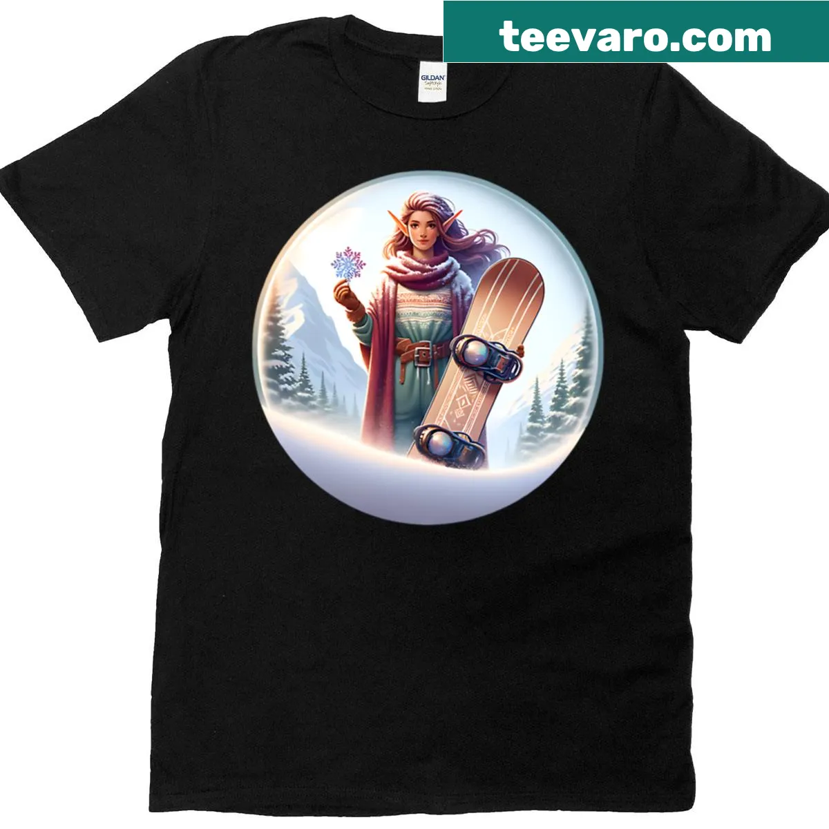 T-shirt with playful elf snowboarding graphic — on a men's t-shirt