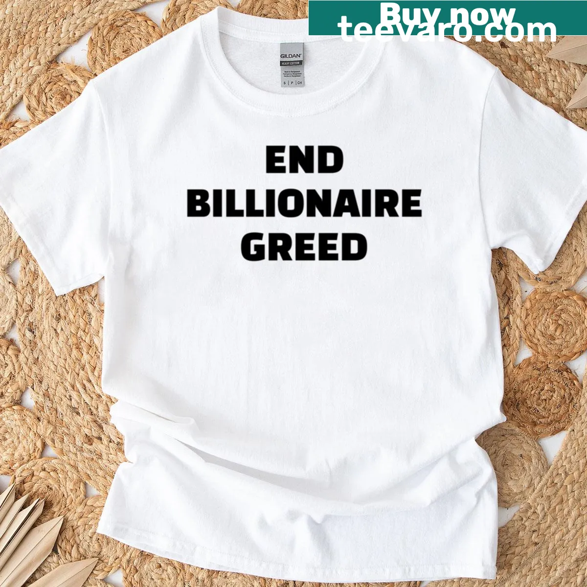 Black text T-shirt with an anti-billionaire greed message. — on a men's t-shirt