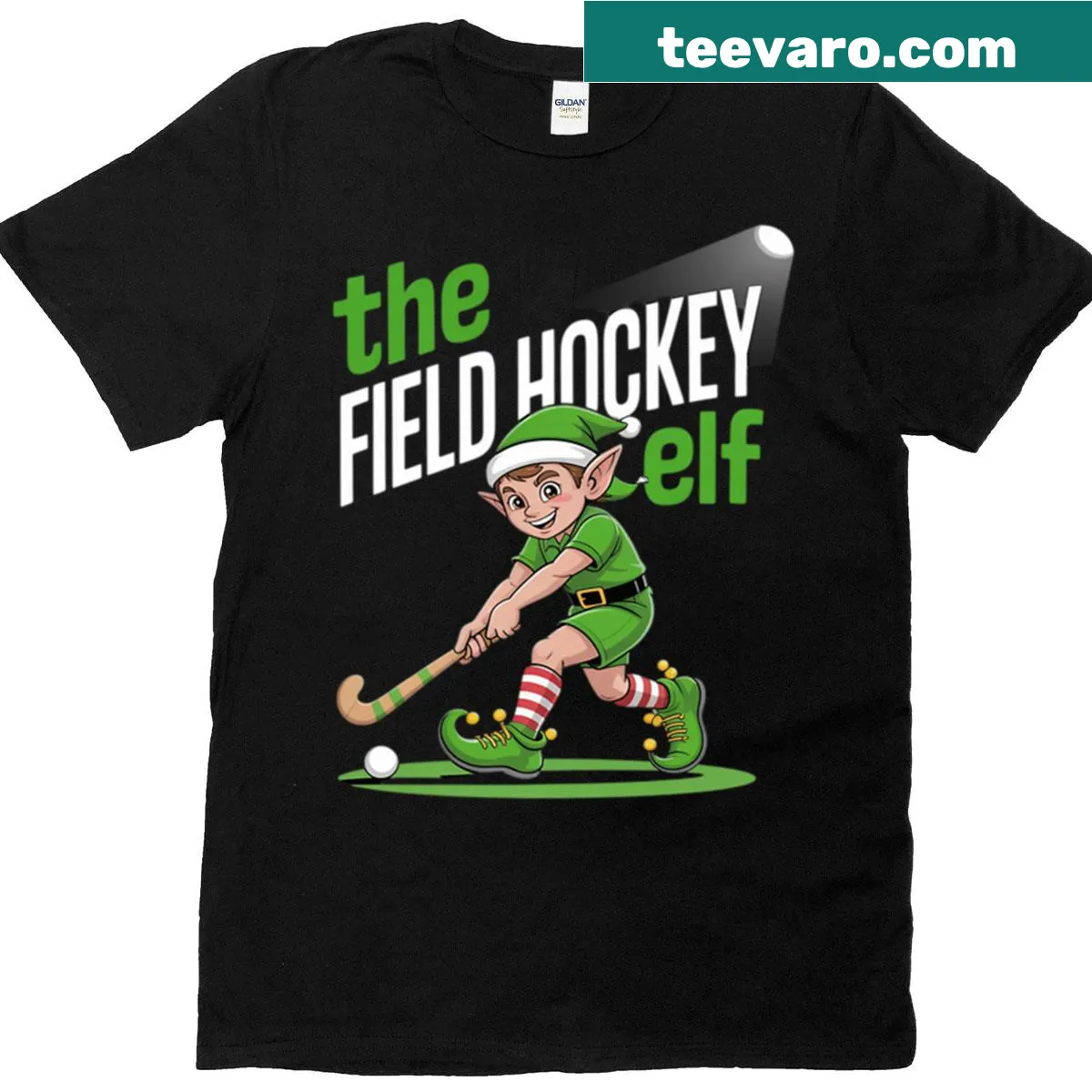 Christmas-themed field hockey graphic T-shirt for families — on a men's t-shirt