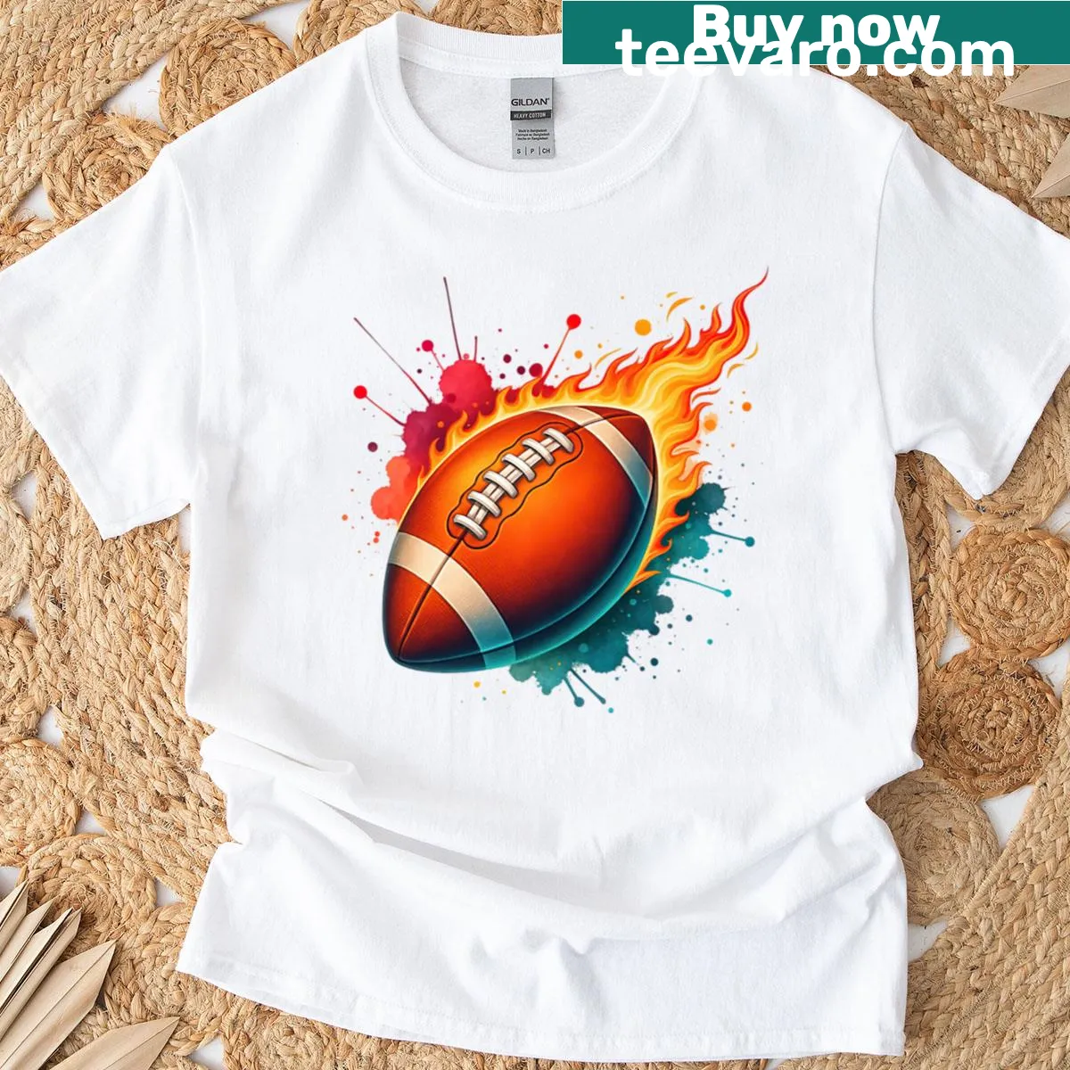 Illustration of a fiery football with paint splashes on a t-shirt — on a men's t-shirt