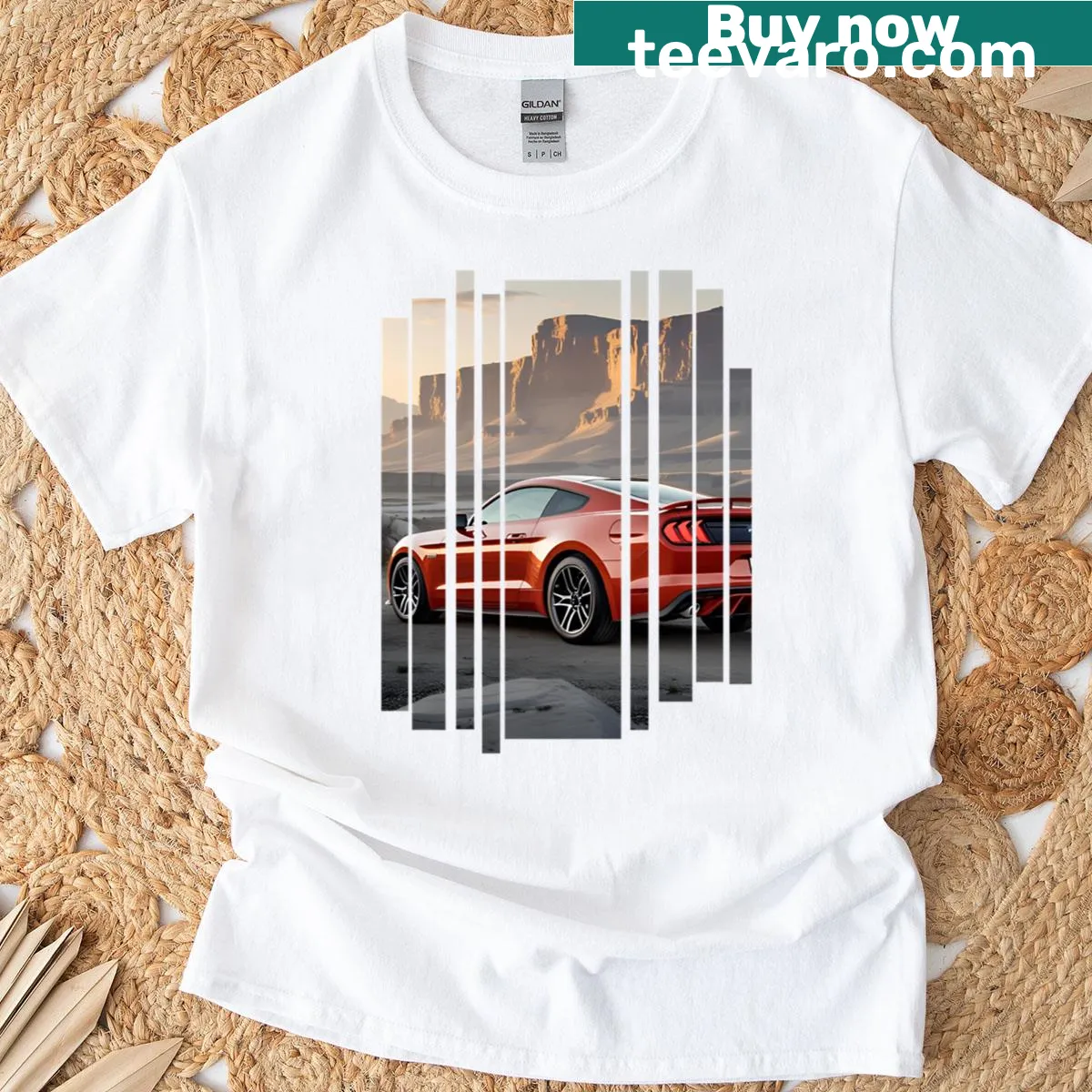 Illustrative design showcasing a modern muscle sports car for enthusiasts — on a men's t-shirt