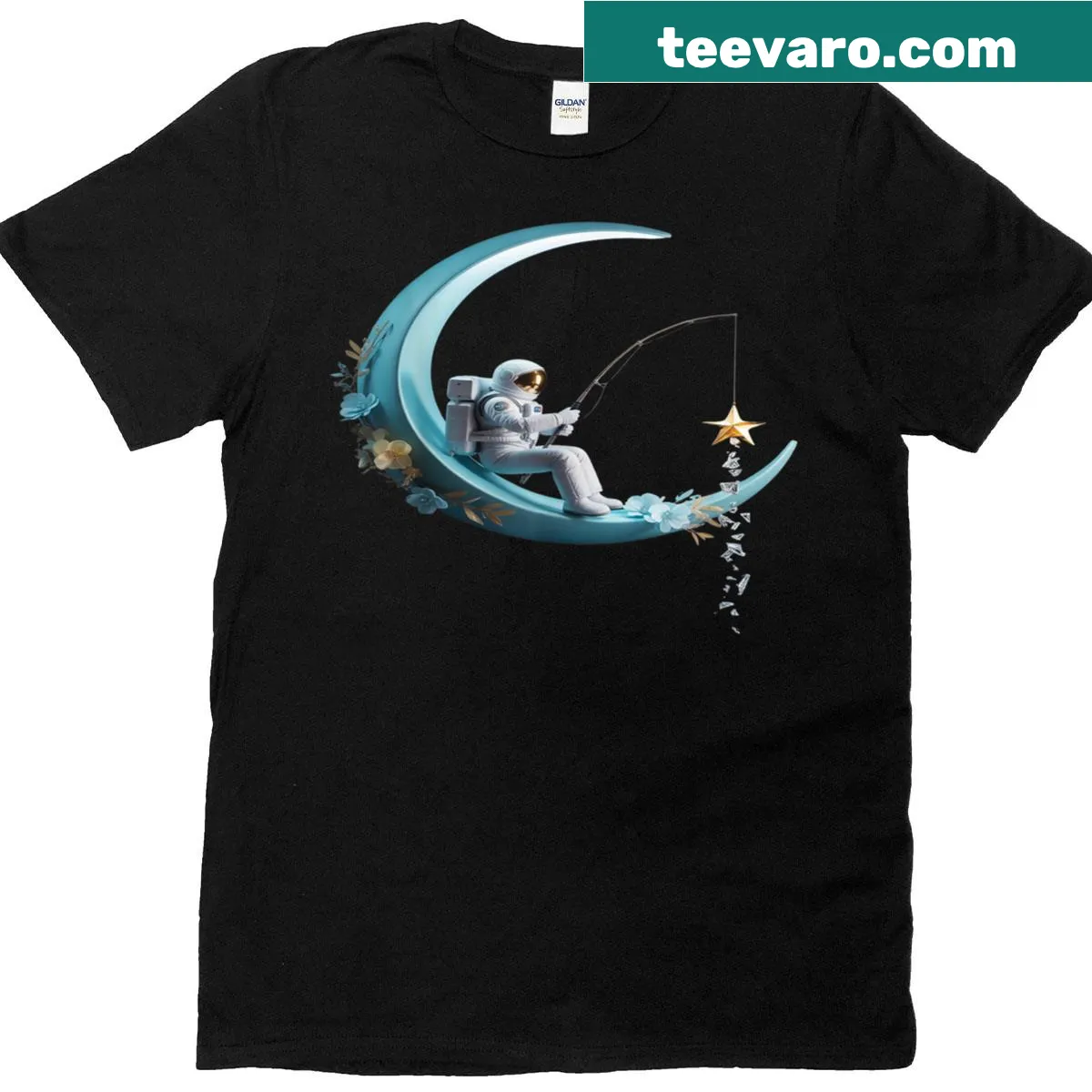 Funny women's t-shirt with astronaut and floral Chinoiserie design — on a men's t-shirt