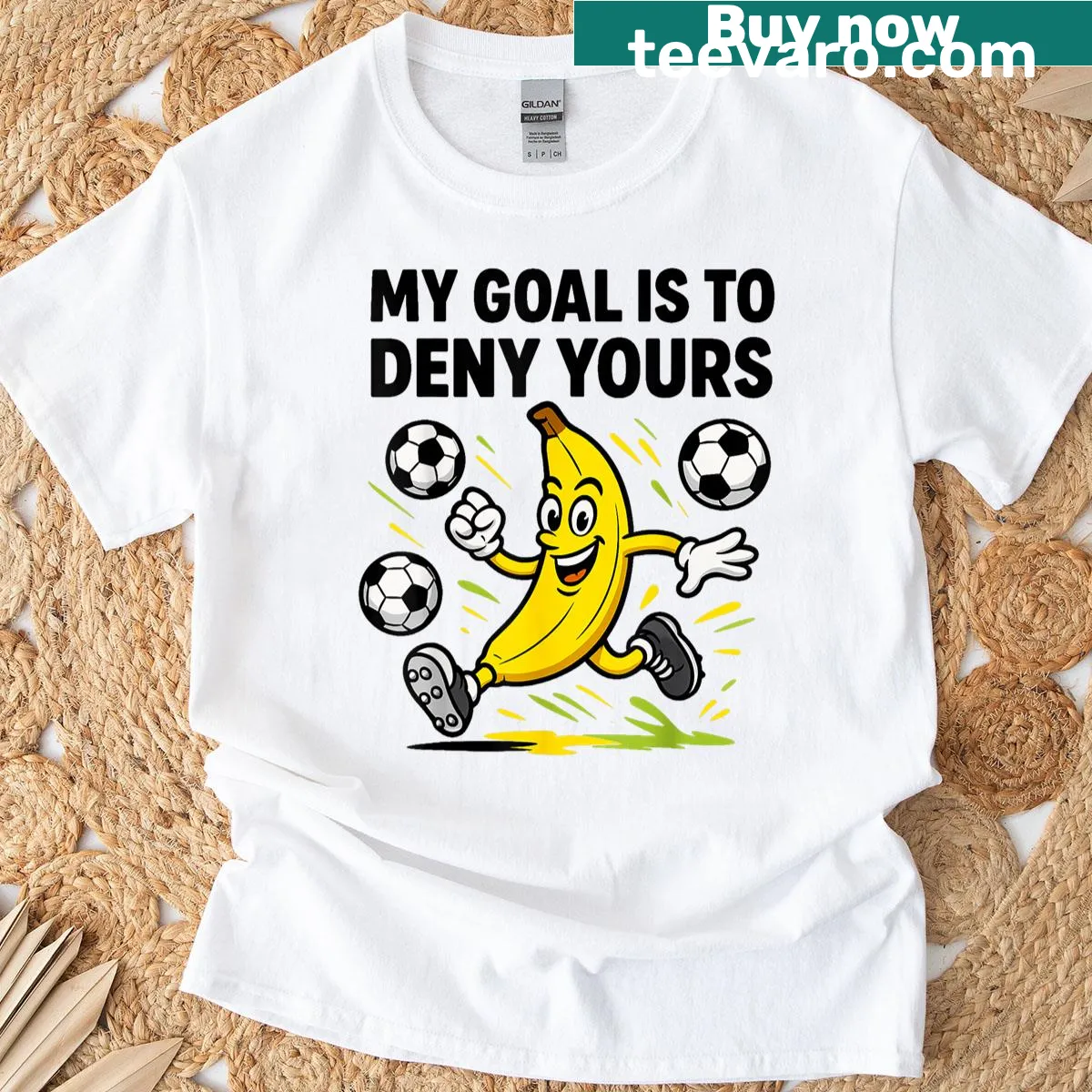 Banana soccer graphic with humorous text on a t-shirt — on a men's t-shirt