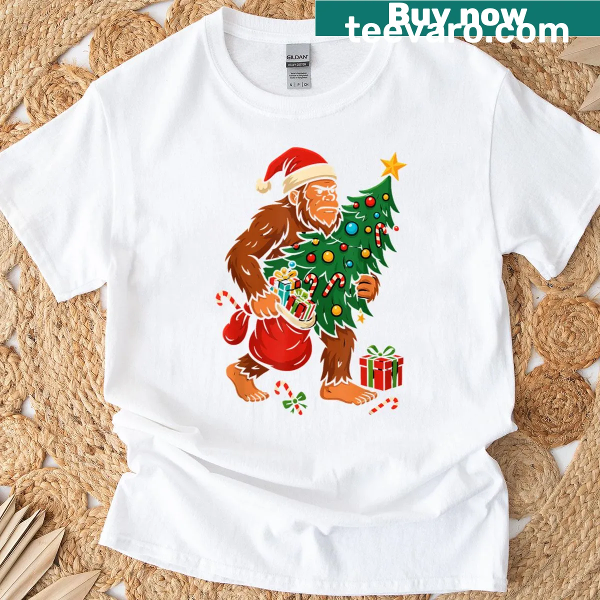 Humorous Bigfoot Christmas t-shirt with tree lights illustration — on a men's t-shirt