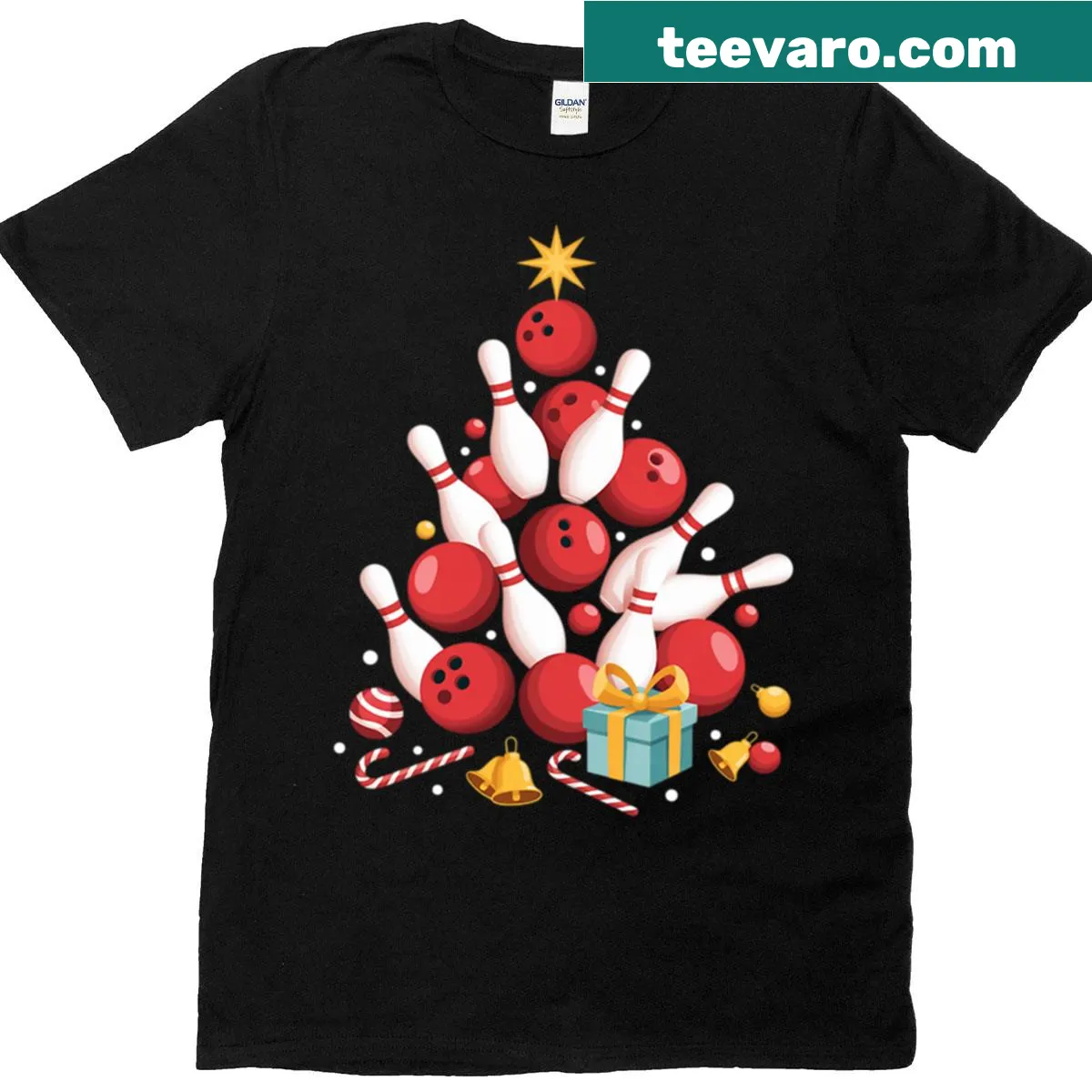 Cartoon Christmas tree t-shirt with bowling pins for a humorous twist — on a men's t-shirt
