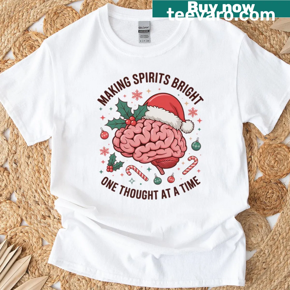 Cute holiday-themed shirt focusing on mental health with festive graphics. — on a men's t-shirt