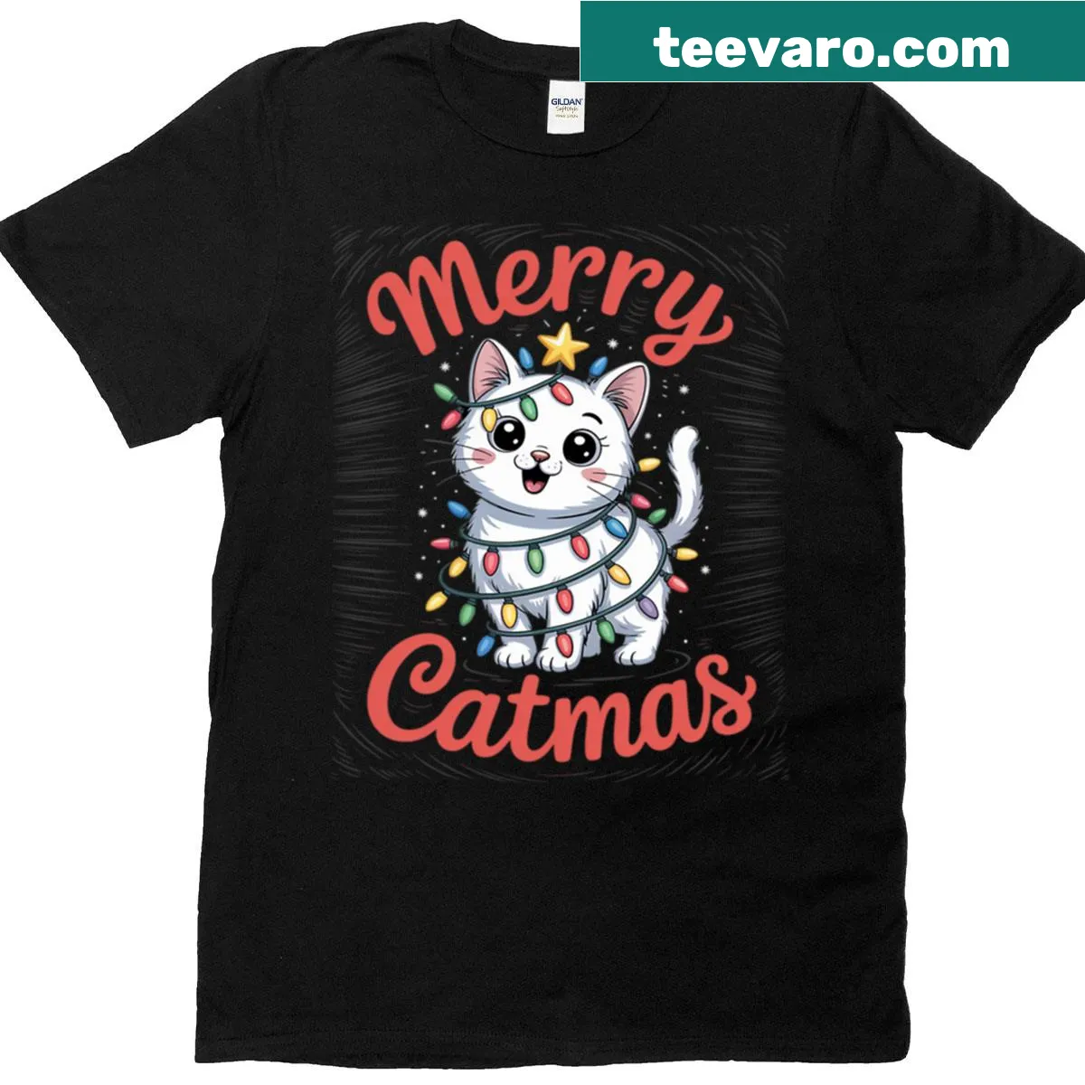 Cute cat with Christmas tree design on a t-shirt — on a men's t-shirt