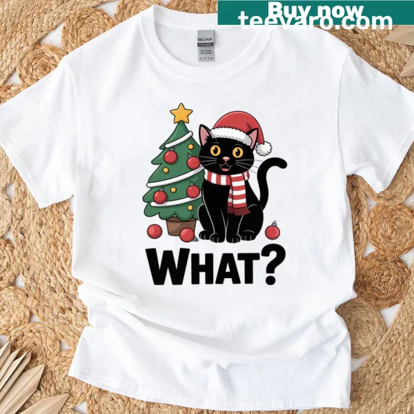 Cat pushing a Christmas tree graphic on a humorous shirt