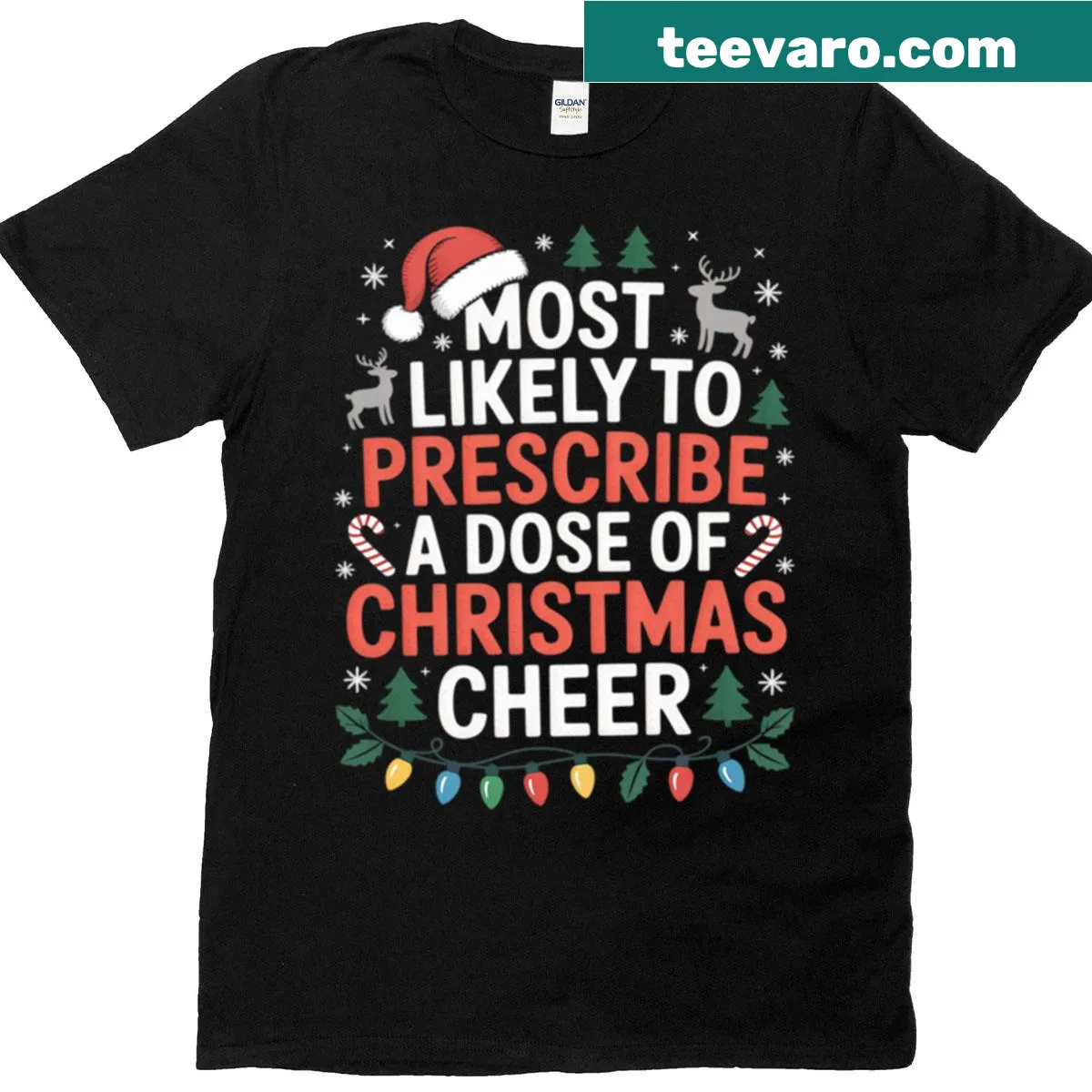 Cute Christmas nurse t-shirt with festive illustrations and cheerful symbols. — on a men's t-shirt