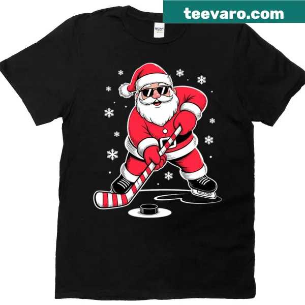 Santa playing ice hockey in a funny cartoon design