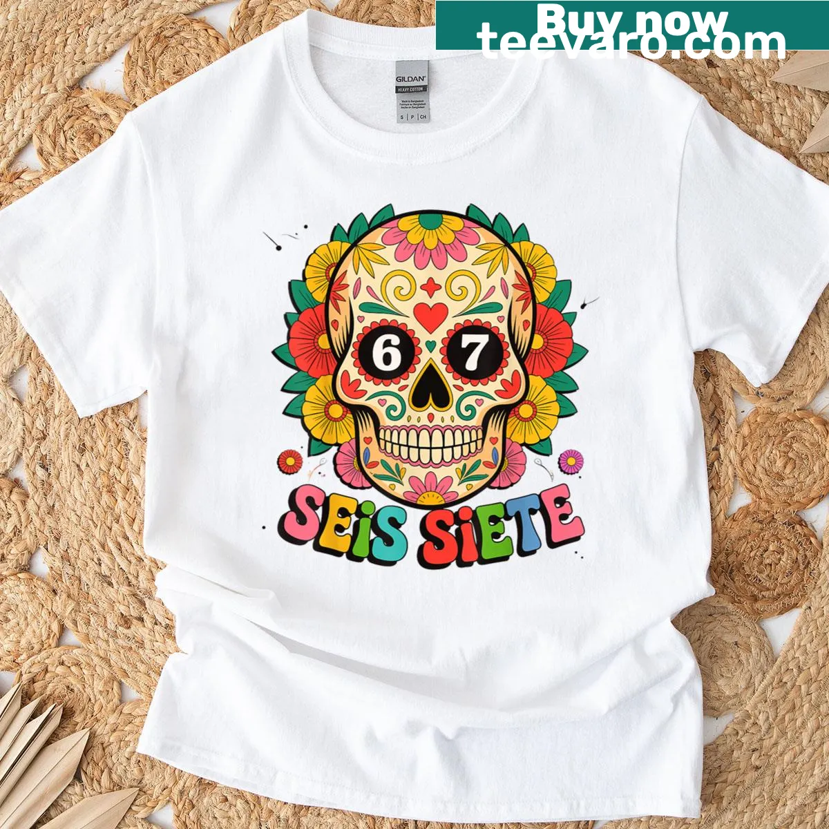 Funny Dia De Los Muertos sugar skull T-shirt with Seis Siete text — on a men's t-shirt