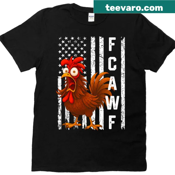 Humorous T-shirt featuring a rooster with USA flag