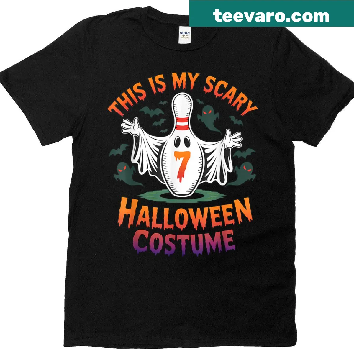 Funny T-shirt with ghosts bowling in a league for Halloween — on a men's t-shirt