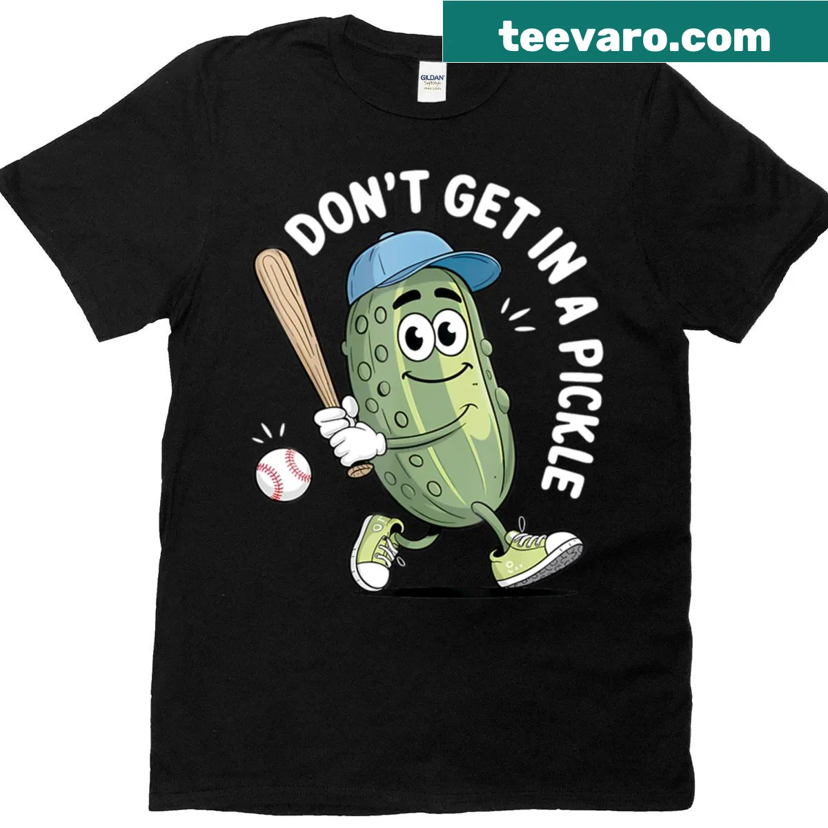 Funny illustrated T-shirt featuring a pickle as a baseball batter — on a men's t-shirt