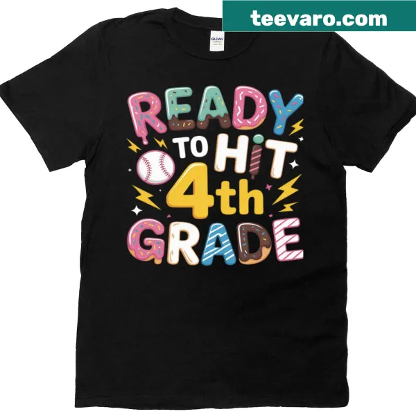 T-shirt featuring 'Ready To Hit 4th Grade Baseball' with donut graphic