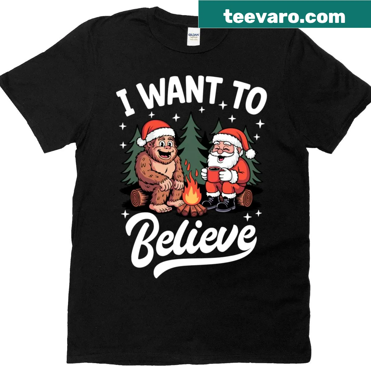 Cartoon of Santa and Bigfoot with 'I Want To Believe' text — on a men's t-shirt