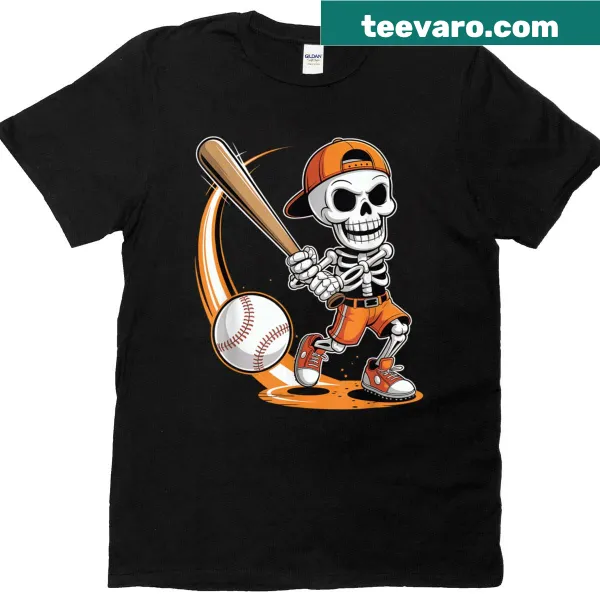 Cartoon skeleton batting in a Halloween-themed baseball t-shirt