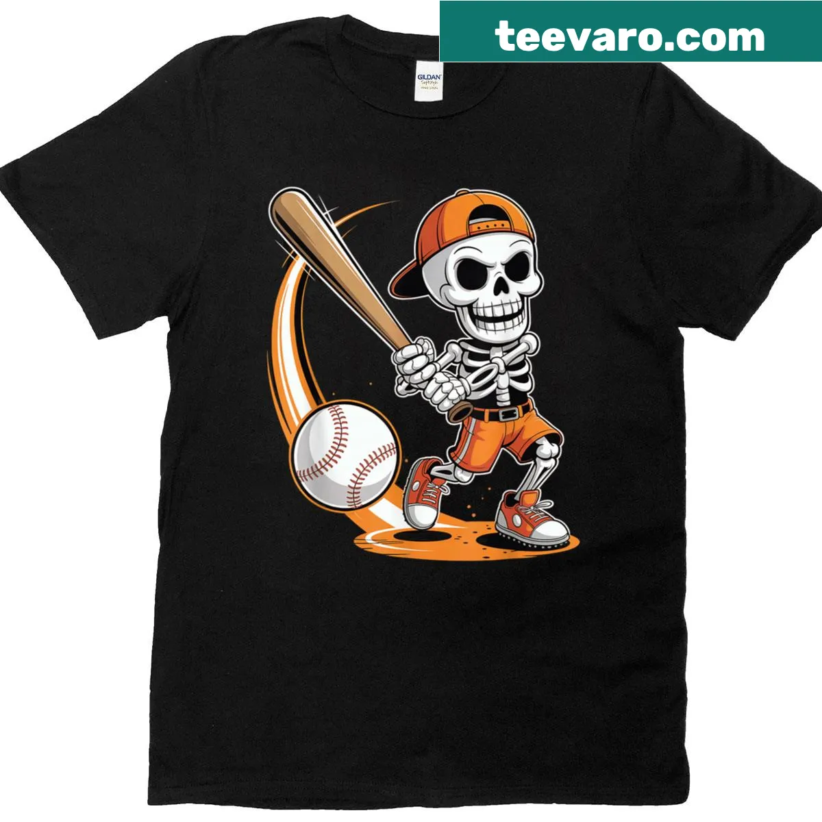 Cartoon skeleton batting in a Halloween-themed baseball t-shirt — on a men's t-shirt