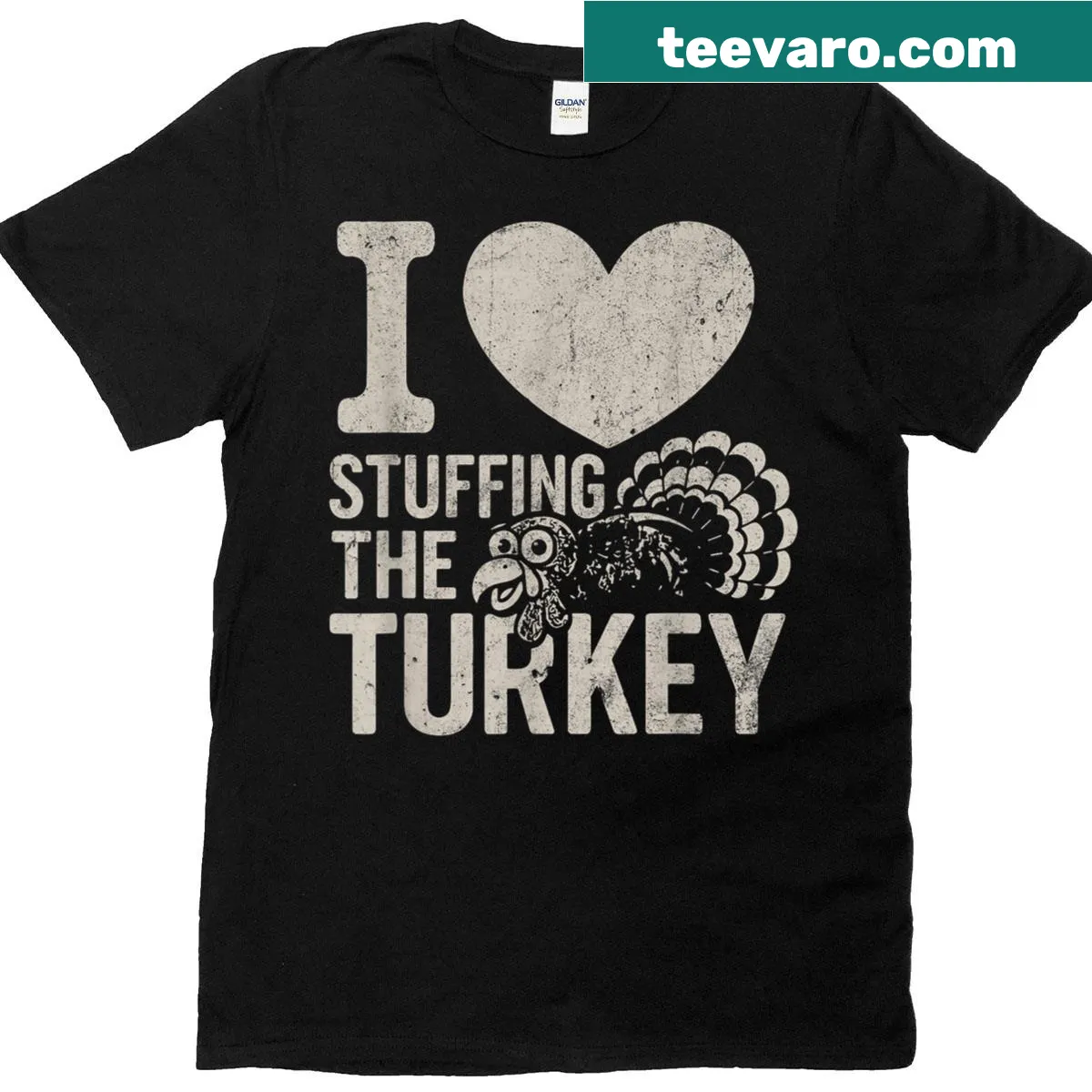 Humorous Thanksgiving t-shirt with 'I Love Stuffing The Turkey' text — on a men's t-shirt
